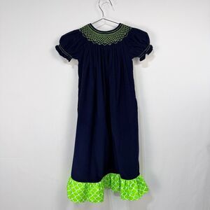 Lolly Wolly Doodle girls bishop smocked Blue Green Corduroy long dress Size 6